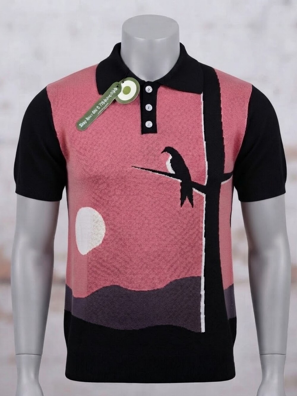 OXKNIT Men's Vintage Style Retro Black and Pink Knitted Poloshirt